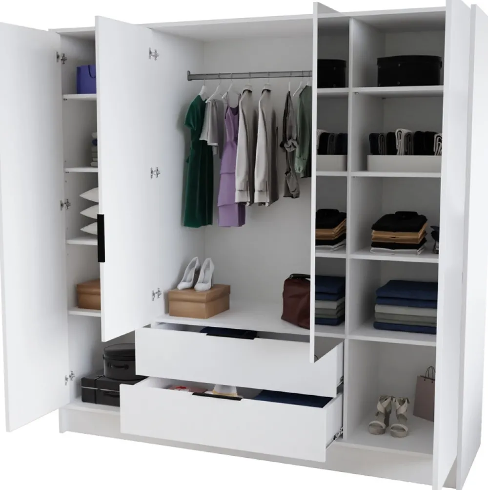 Szafy Do Przedpokoju|Szafy Do Salonu>Arton Czterodrzwiowa biała szafa uchylna 200 cm z półkami NUBIA