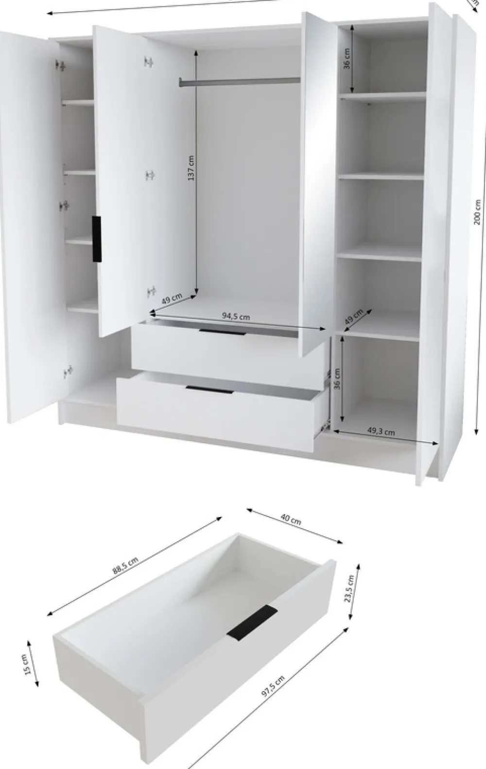 Szafy Do Przedpokoju|Szafy Do Salonu>Arton Czterodrzwiowa biała szafa uchylna 200 cm z półkami NUBIA