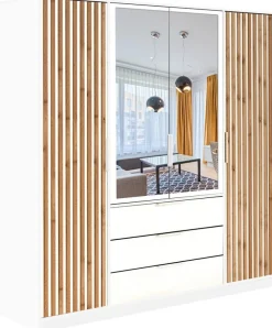 Meble Młodzieżowe|Zestawy Mebli Do Przedpokoju>Stolar Czterodrzwiowa szafa uchylna z lustrem i lamelami 200 cm BILL