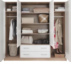 Zestawy Mebli Do Przedpokoju|Szafy Modułowe>MEBLAR Czterodrzwiowa szafa z półkami do garderoby SEVAS szuflady kaszmir