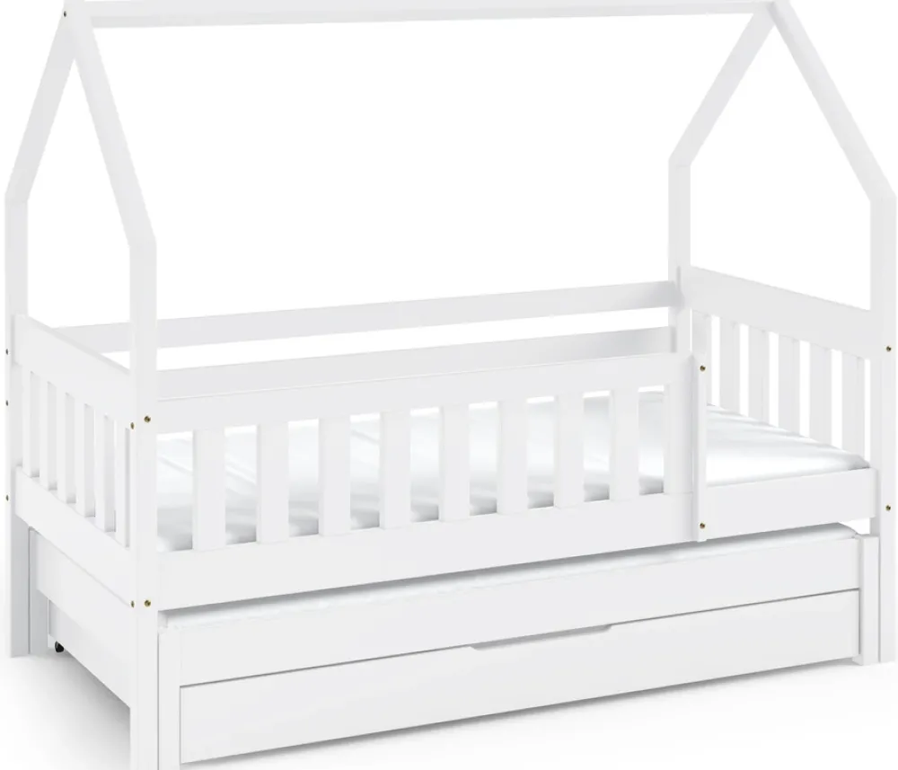 Meble Dla Dzieci|Łóżka Dziecięce>Meblomal Drewniane białe łóżko domek do pokoju dziecięcego 80x160 cm z barierką MELANIA biały