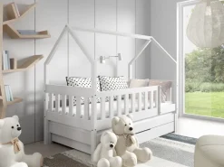 Meble Dla Dzieci|Łóżka Dziecięce>Meblomal Drewniane białe łóżko domek do pokoju dziecięcego 80x160 cm z barierką MELANIA biały