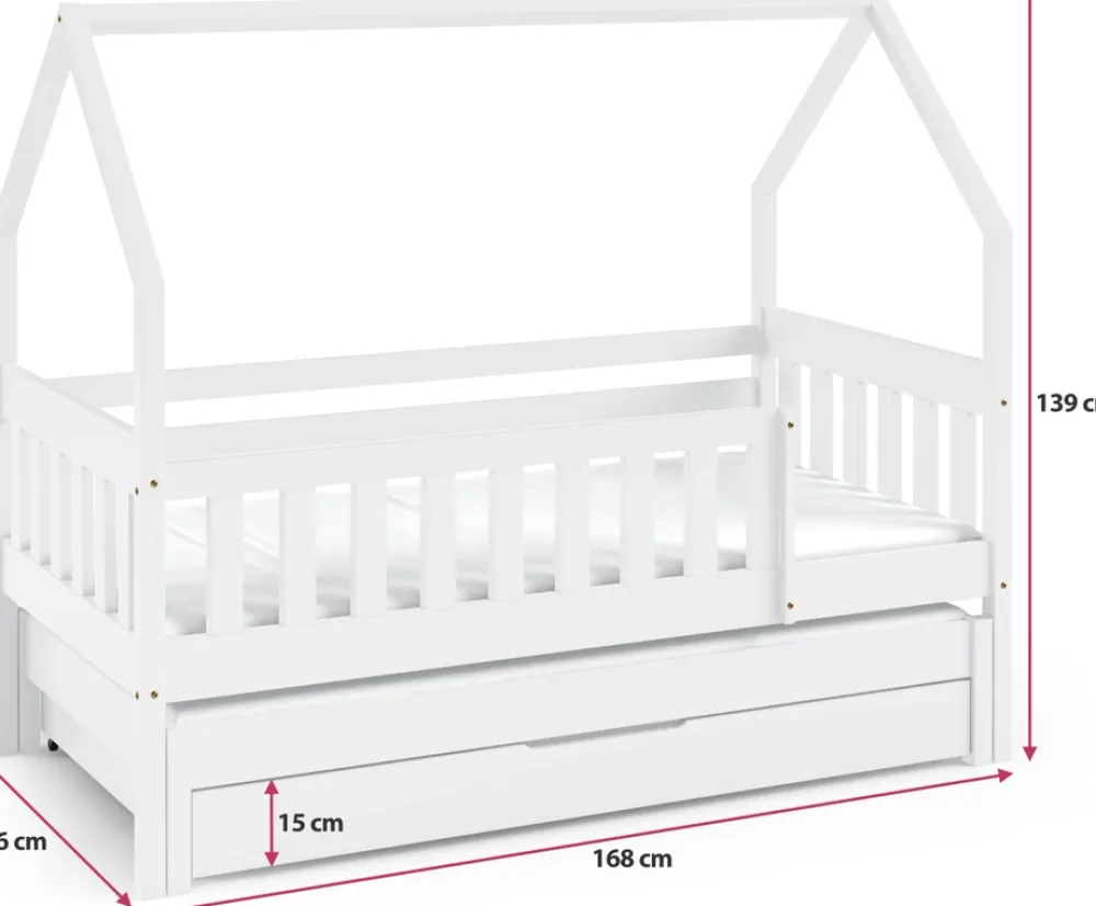 Meble Dla Dzieci|Łóżka Dziecięce>Meblomal Drewniane białe łóżko domek do pokoju dziecięcego 80x160 cm z barierką MELANIA biały