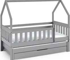 Łóżka Dziecięce|Łóżka Ze Stelażem>Meblomal Drewniane rozsuwane łóżko domek do pokoju dziecięcego 80x160 cm z barierką MELANIA szary