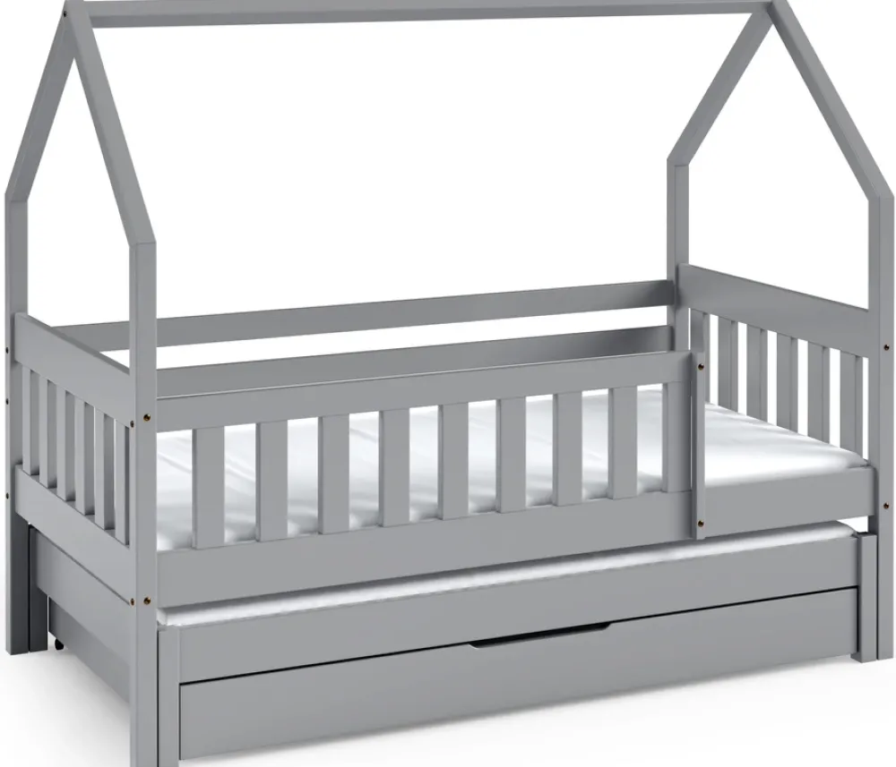 Łóżka Dziecięce|Łóżka Ze Stelażem>Meblomal Drewniane rozsuwane łóżko domek do pokoju dziecięcego 80x160 cm z barierką MELANIA szary