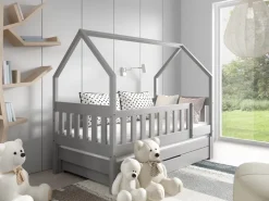 Łóżka Dziecięce|Łóżka Ze Stelażem>Meblomal Drewniane rozsuwane łóżko domek do pokoju dziecięcego 80x160 cm z barierką MELANIA szary