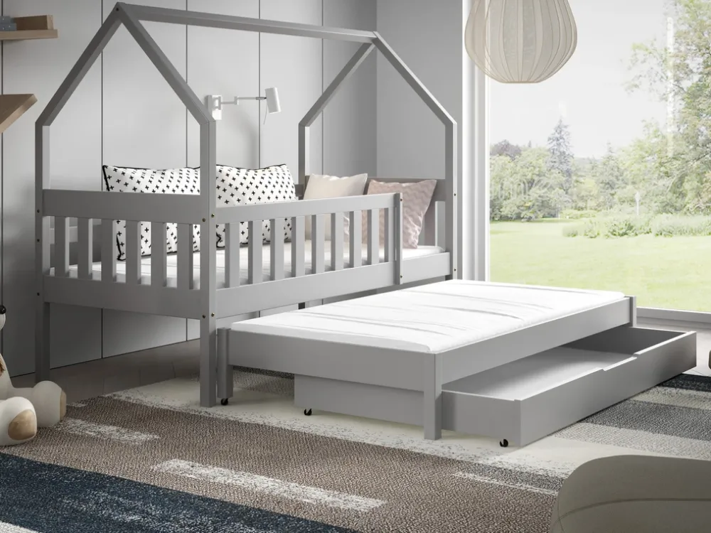 Łóżka Dziecięce|Łóżka Ze Stelażem>Meblomal Drewniane rozsuwane łóżko domek do pokoju dziecięcego 80x160 cm z barierką MELANIA szary