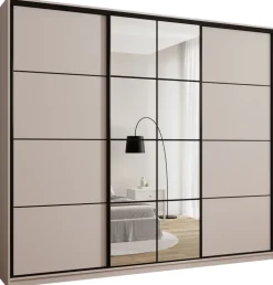 Zestawy Mebli Do Przedpokoju|Szafy Trzydrzwiowe>BROMARKT Duża beżowa trzydrzwiowa szafa przesuwna 280 cm z półkami EDGE MAX beż piaskowy