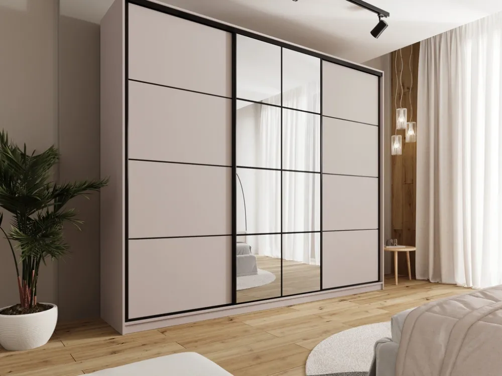 Zestawy Mebli Do Przedpokoju|Szafy Trzydrzwiowe>BROMARKT Duża beżowa trzydrzwiowa szafa przesuwna 280 cm z półkami EDGE MAX beż piaskowy