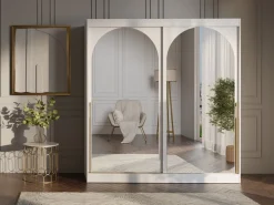 Meble Młodzieżowe|Zestawy Mebli Do Przedpokoju></noscript>JUREK Duża biała szafa 200cm do sypialni salonu z dwoma lustrami drzwi przesuwne złote uchwyty biały