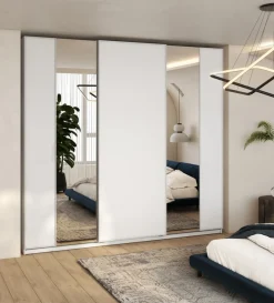 Szafy Przesuwne|Szafy Trzydrzwiowe></noscript>lenart. Duża biała szafa przesuwna z lustrem i półkami 250 cm MAXI