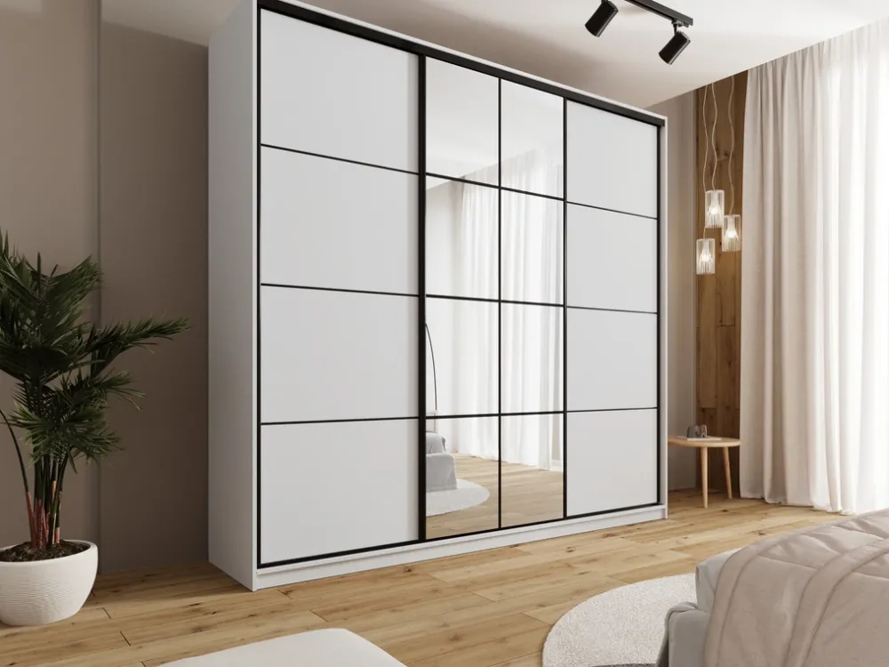 Zestawy Mebli Do Przedpokoju|Szafy Trzydrzwiowe>BROMARKT Duża biała szafa przesuwna z lustrem 250 cm do sypialni EDGE MAX biały