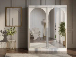 Meble Młodzieżowe|Zestawy Mebli Do Przedpokoju></noscript>JUREK Duża biała szafa przesuwna z dwoma lustrami 180 cm drzwi przesuwne złote uchwyty biały