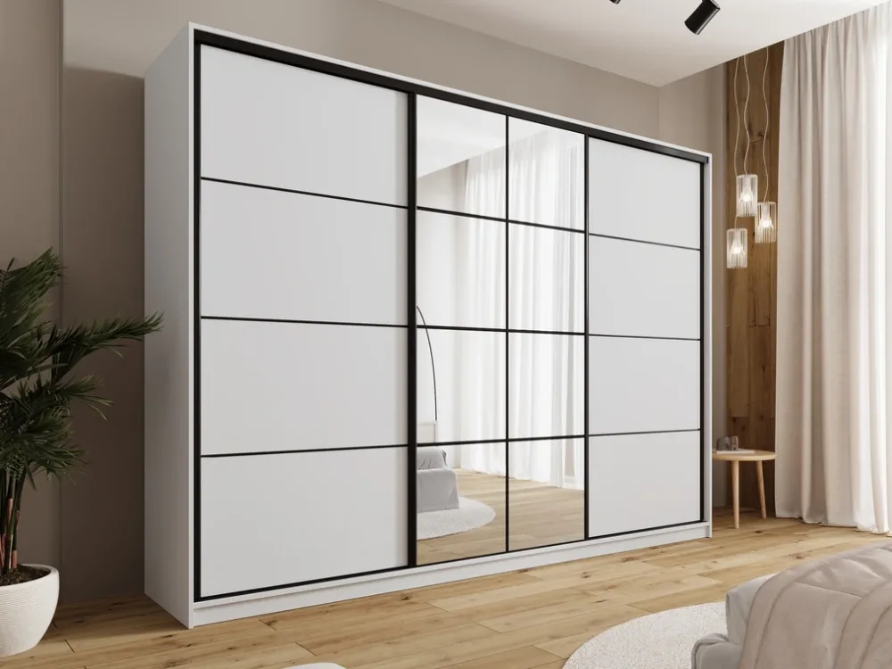 Zestawy Mebli Do Przedpokoju|Szafy Trzydrzwiowe>BROMARKT Duża biała szafa przesuwna 280 cm z lustrem do sypialni EDGE biały