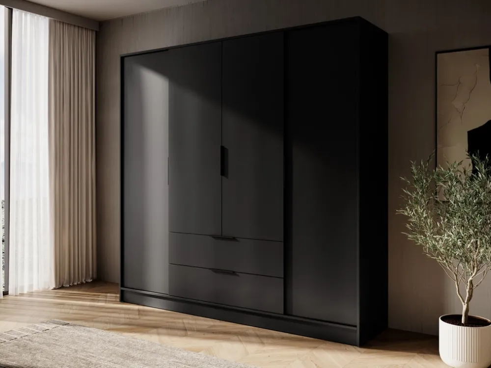 Meble Młodzieżowe|Zestawy Mebli Do Przedpokoju>PIASKI Duża czarna szafa uchylna z półkami i drążkiem 206 cm KAMIS czarny