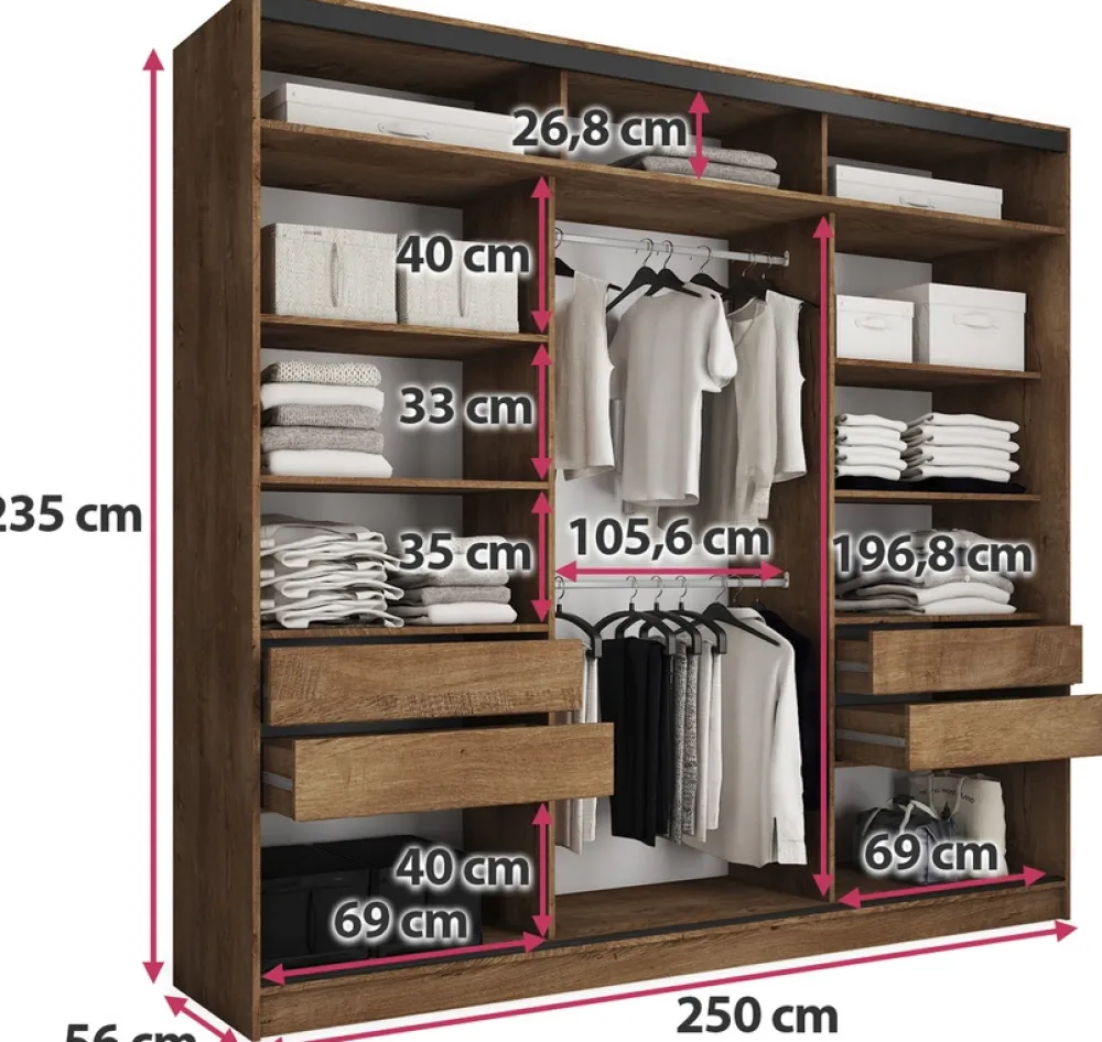 Zestawy Mebli Do Przedpokoju|Szafy Trzydrzwiowe>BROMARKT Duża garderoba szafa przesuwna 250 cm LOFT MAX dąb lefkas