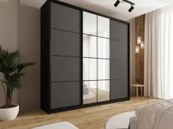 Zestawy Mebli Do Przedpokoju|Szafy Trzydrzwiowe></noscript>BROMARKT Duża grafitowa szafa przesuwna 250 cm z lustrem EDGE MAX