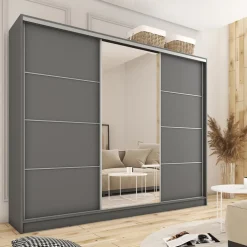 Zestawy Mebli Do Przedpokoju|Szafy Trzydrzwiowe></noscript>BROMARKT Duża owa szafa przesuwna z lustrem do sypialni 280 cm TOP grafit