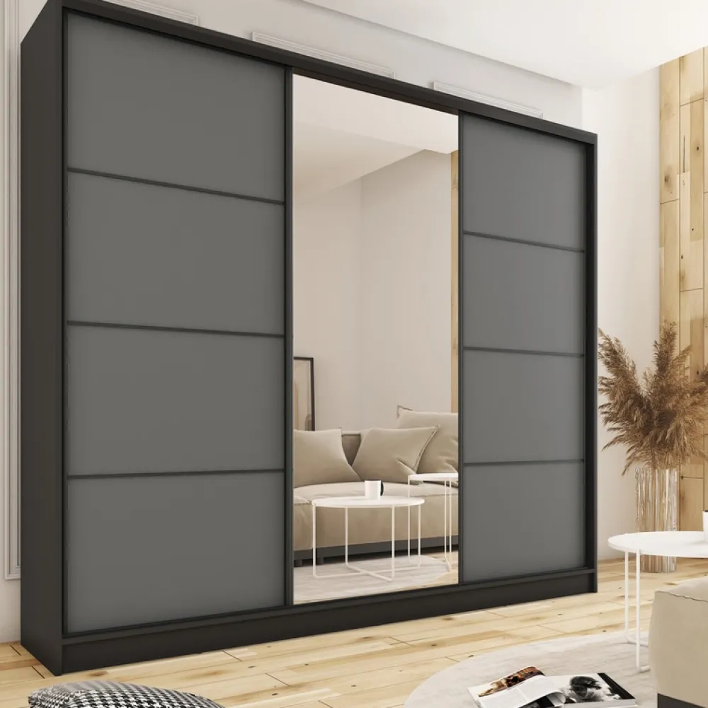 Szafy Do Przedpokoju|Szafy Do Salonu>BROMARKT Duża grafitowa szafa przesuwna z lustrem 250 cm LOFT MAX
