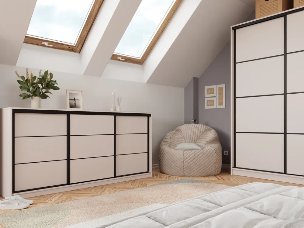 Komody>BROMARKT Duża komoda z szufladami i drążkiem do sypialni 200 cm LOFT beż piaskowy