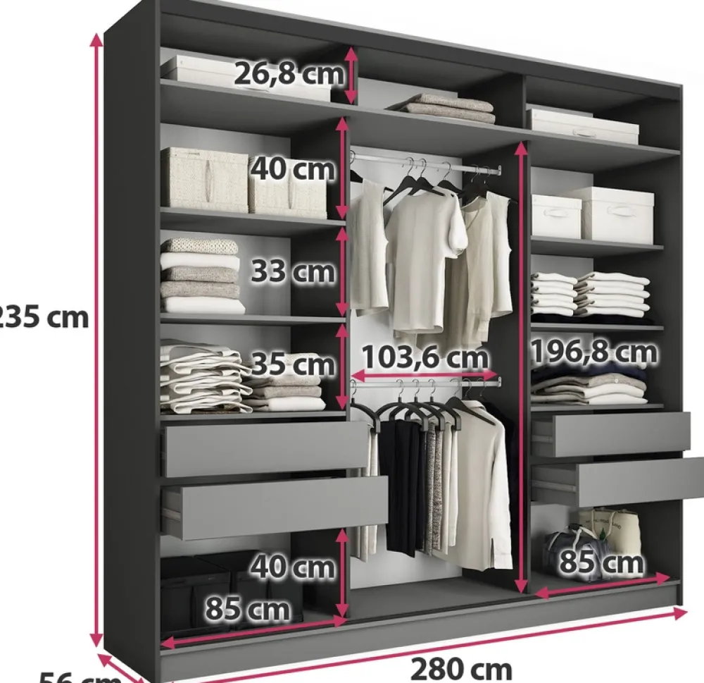 Zestawy Mebli Do Przedpokoju|Szafy Trzydrzwiowe>BROMARKT Duża loftowa szafa przesuwna 280 cm do sypialni EDGE MAX