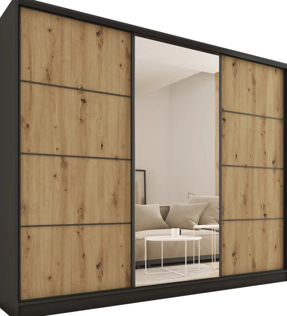 Zestawy Mebli Do Przedpokoju|Szafy Trzydrzwiowe>BROMARKT Duża loftowa szafa przesuwna z lustrem 250 cm LOFT MAX