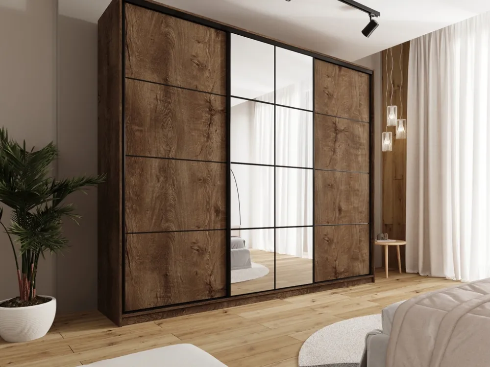 Szafy Trzydrzwiowe|Szafy Do Przedpokoju>BROMARKT Duża loftowa szafa przesuwna z lustrem 280 cm EDGE MAX dąb lefkas