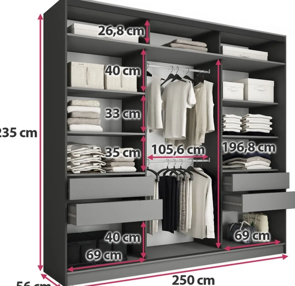 Zestawy Mebli Do Przedpokoju|Szafy Trzydrzwiowe>BROMARKT Duża loftowa szafa przesuwna do sypialni 250 cm z lustrem EDGE MAX