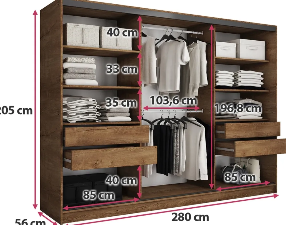 Zestawy Mebli Do Przedpokoju|Szafy Trzydrzwiowe>BROMARKT Duża szafa na ubrania 280 cm LOFT dąb lefkas