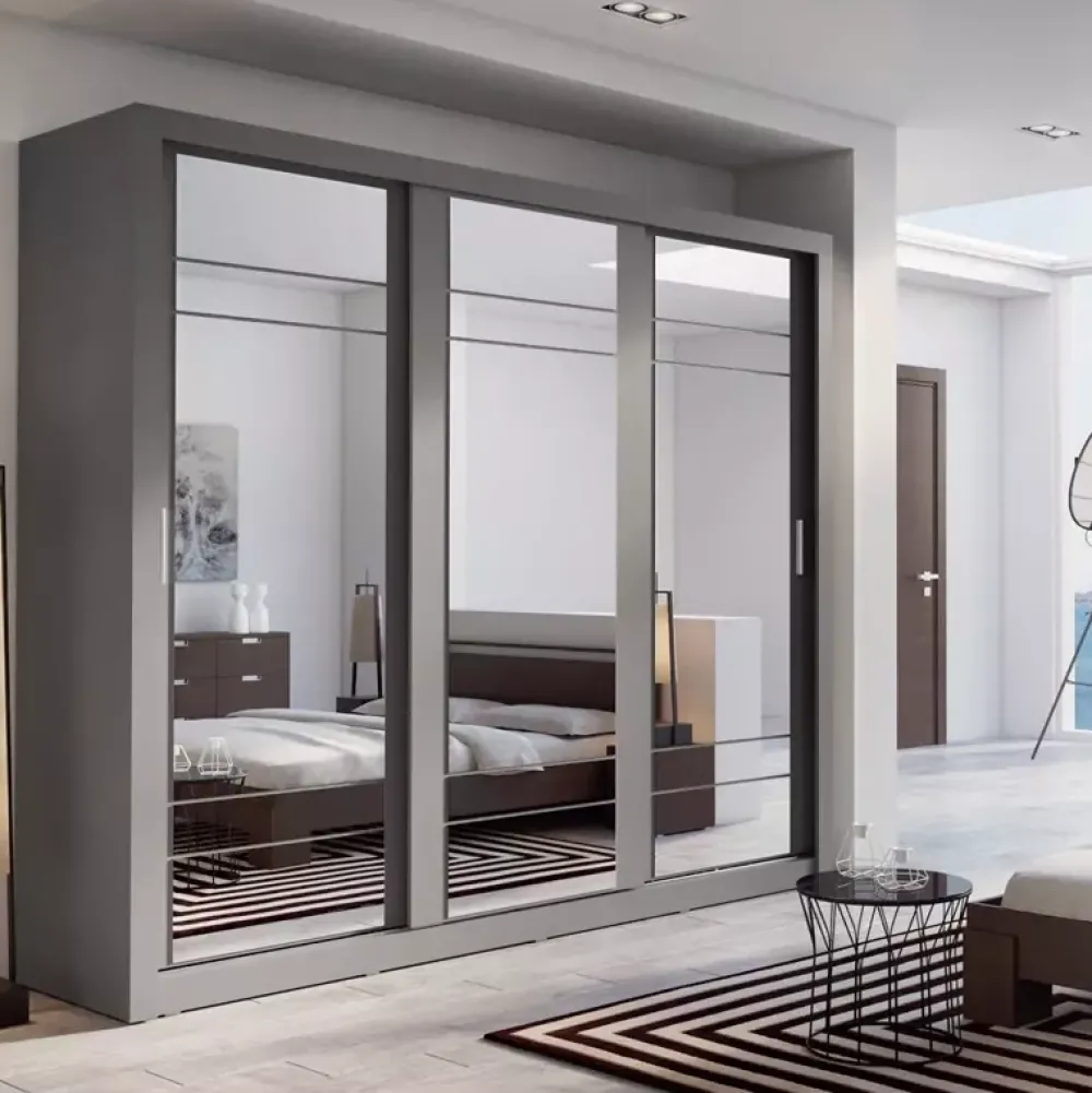 Zestawy Mebli Do Sypialni|Szafy Trzydrzwiowe>lenart. Duża szafa przesuwna 250 cm do sypialni z lustrem ARTI szary