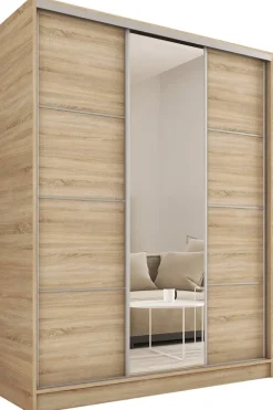 Zestawy Mebli Do Przedpokoju|Szafy Trzydrzwiowe>BROMARKT Duża szafa przesuwna 150 cm z lustrem TOP dąb sonoma