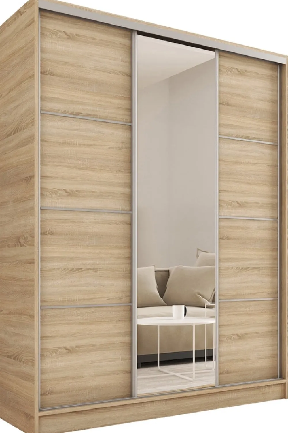 Zestawy Mebli Do Przedpokoju|Szafy Trzydrzwiowe>BROMARKT Duża szafa przesuwna 150 cm z lustrem TOP dąb sonoma