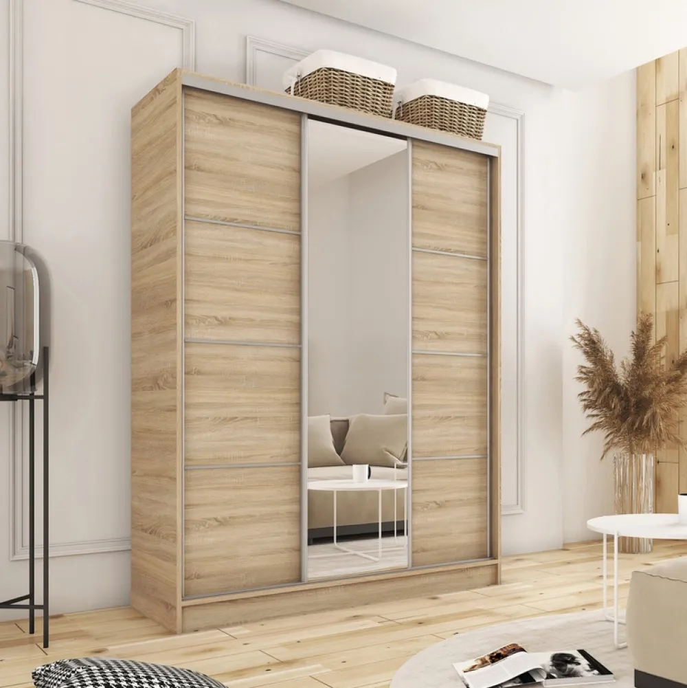 Zestawy Mebli Do Przedpokoju|Szafy Trzydrzwiowe>BROMARKT Duża szafa przesuwna 150 cm z lustrem TOP dąb sonoma