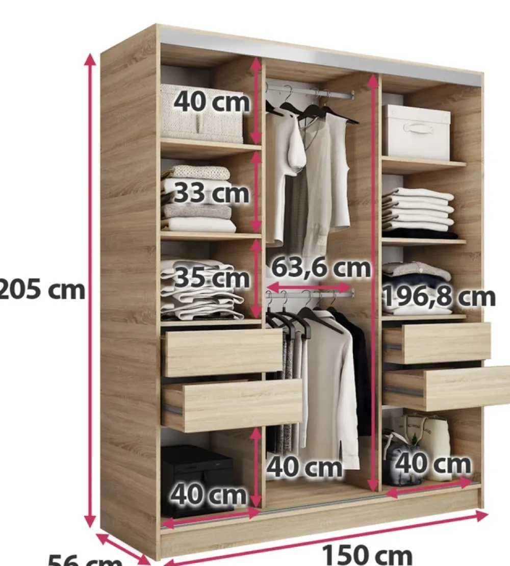 Zestawy Mebli Do Przedpokoju|Szafy Trzydrzwiowe>BROMARKT Duża szafa przesuwna 150 cm z lustrem TOP dąb sonoma