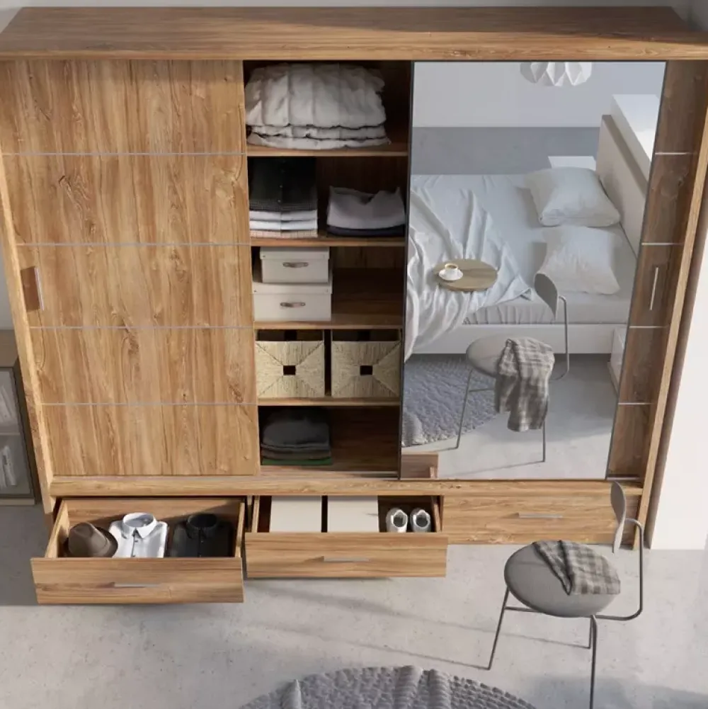 Zestawy Mebli Do Sypialni|Zestawy Mebli Do Przedpokoju>lenart. Duża szafa przesuwna z lustrem 250 cm szuflady półki ARTI dąb stirling