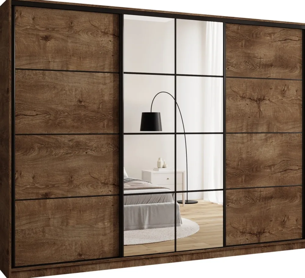 Zestawy Mebli Do Przedpokoju|Szafy Trzydrzwiowe>BROMARKT Duża szafa przesuwna z lustrem i szufladami 280 cm EDGE dąb lefkas