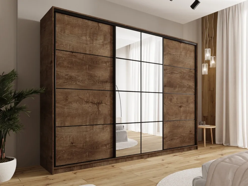 Zestawy Mebli Do Przedpokoju|Szafy Trzydrzwiowe>BROMARKT Duża szafa przesuwna z lustrem i szufladami 280 cm EDGE dąb lefkas