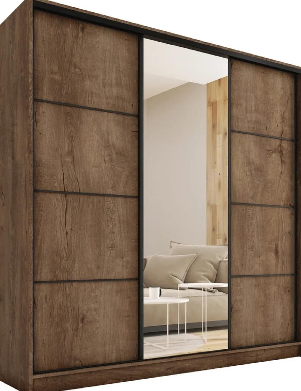 Zestawy Mebli Do Przedpokoju|Szafy Trzydrzwiowe>BROMARKT Duża szafa przesuwna z lustrem 200 cm LOFT MAX dąb lefkas