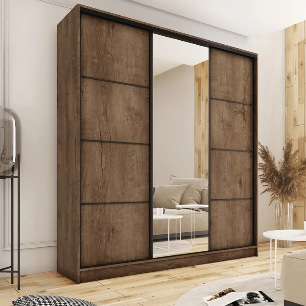 Zestawy Mebli Do Przedpokoju|Szafy Trzydrzwiowe>BROMARKT Duża szafa przesuwna z lustrem 200 cm LOFT MAX dąb lefkas