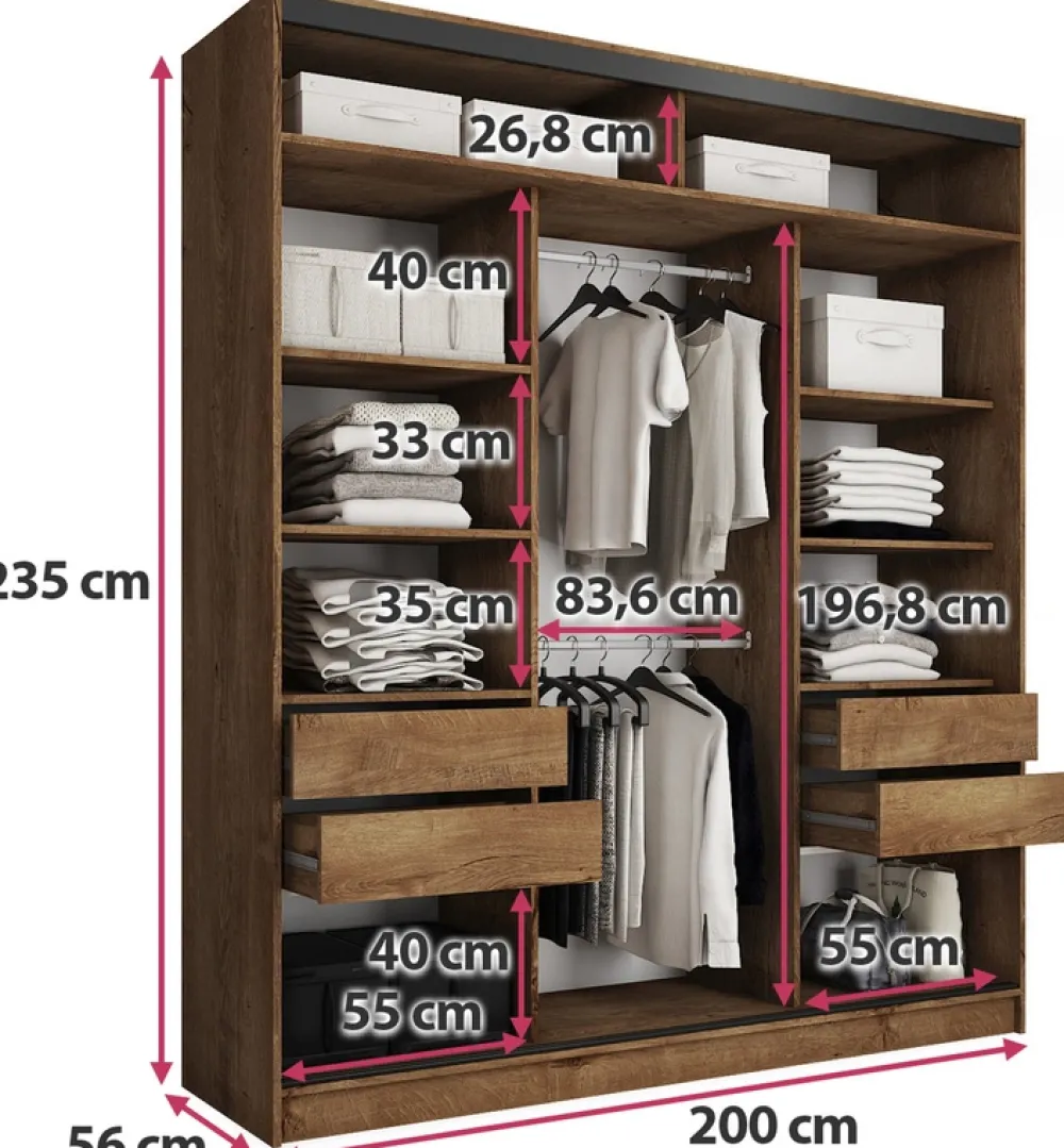 Zestawy Mebli Do Przedpokoju|Szafy Trzydrzwiowe>BROMARKT Duża szafa przesuwna z lustrem 200 cm LOFT MAX dąb lefkas
