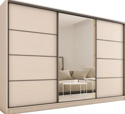 Zestawy Mebli Do Przedpokoju|Szafy Trzydrzwiowe>BROMARKT Duża szafa przesuwna z lustrem do sypialni 280 cm LOFT beż piaskowy