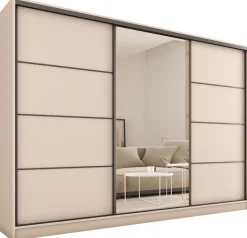 Zestawy Mebli Do Przedpokoju|Szafy Trzydrzwiowe>BROMARKT Duża szafa przesuwna z lustrem do sypialni 250 cm LOFT beż piaskowy