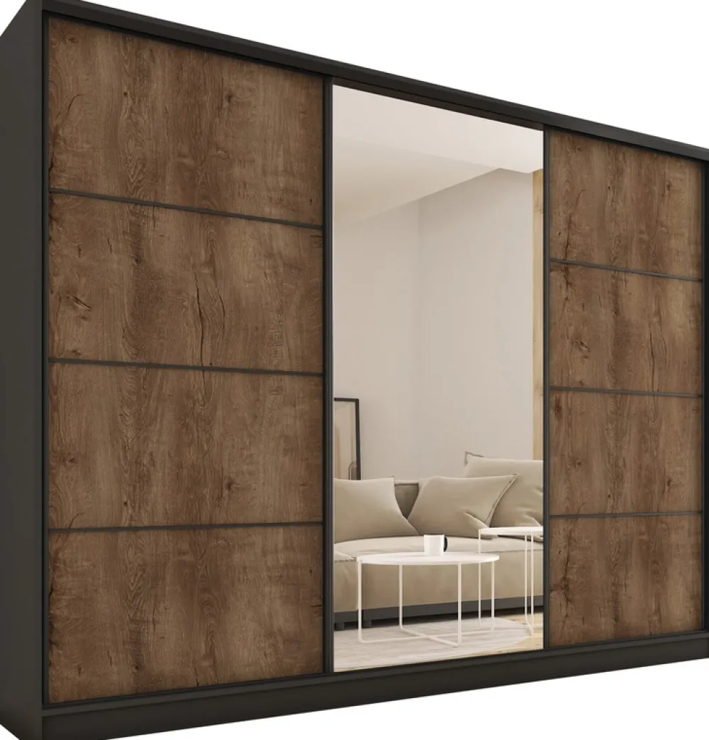 Zestawy Mebli Do Przedpokoju|Szafy Trzydrzwiowe>BROMARKT Duża szafa przesuwna z lustrem 280 cm LOFT MAX z szufladami