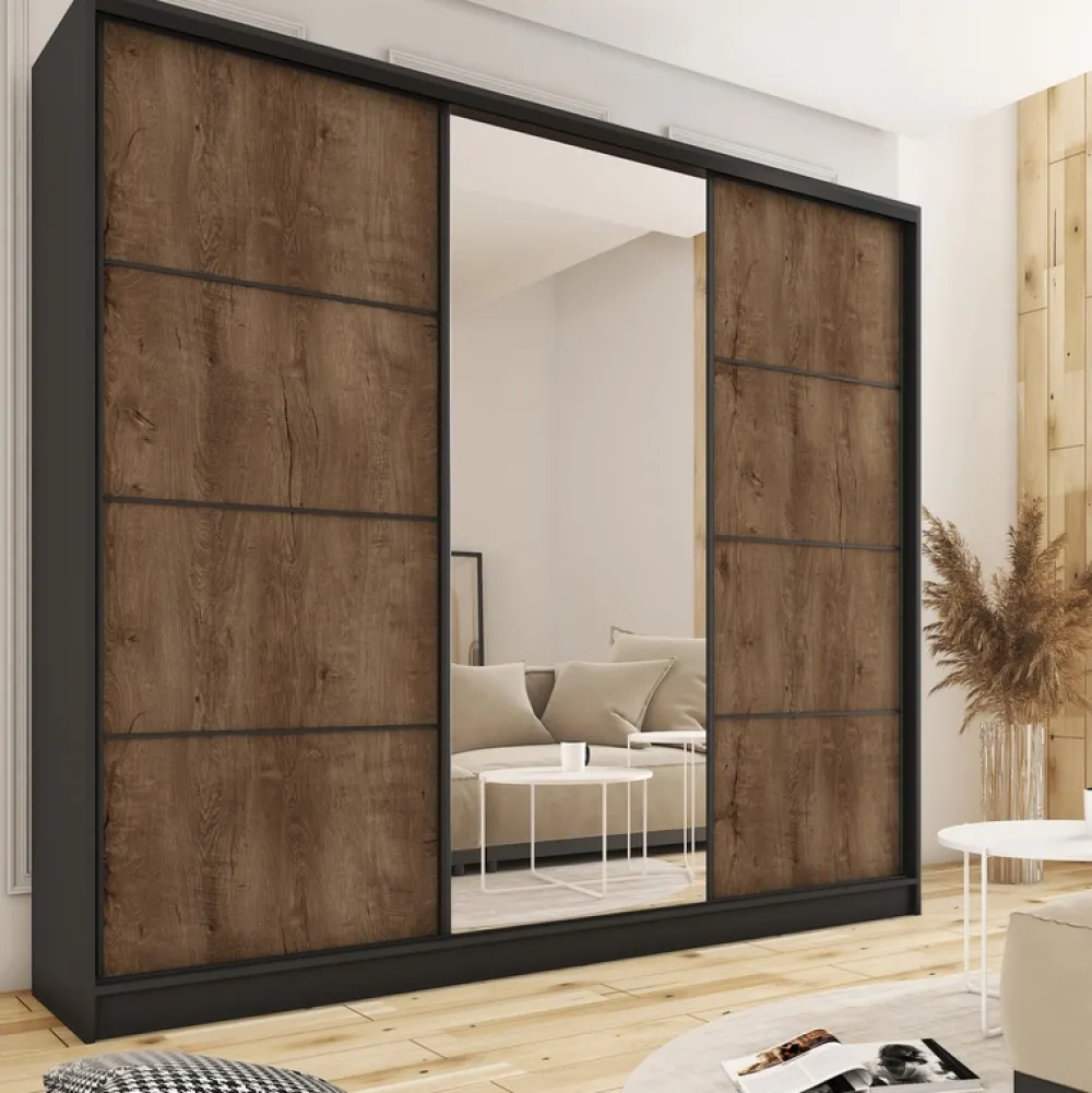 Zestawy Mebli Do Przedpokoju|Szafy Trzydrzwiowe>BROMARKT Duża szafa przesuwna z lustrem 280 cm LOFT MAX z szufladami