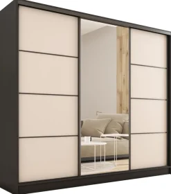 Szafy Trzydrzwiowe|Szafy Do Przedpokoju>BROMARKT Duża szafa przesuwna z lustrem do przedpokoju 200 cm LOFT beż piaskowy