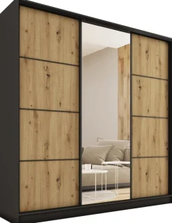 Zestawy Mebli Do Przedpokoju|Szafy Trzydrzwiowe>BROMARKT Duża szafa przesuwna z lustrem 200 cm LOFT MAX dąb artisan