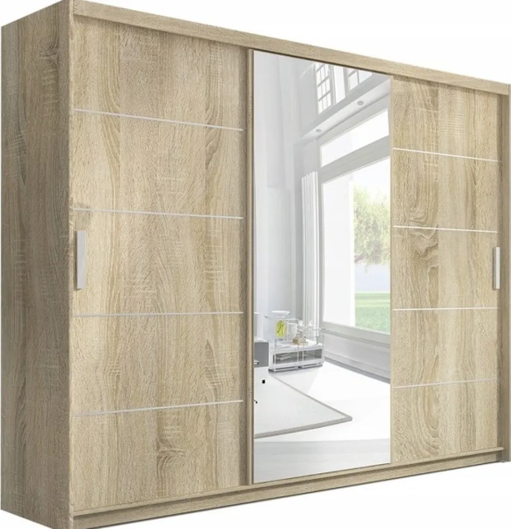 Zestawy Mebli Do Przedpokoju|Szafy Trzydrzwiowe>Meblohand Duża szafa przesuwna z lustrem i szufladami PORTO dąb sonoma