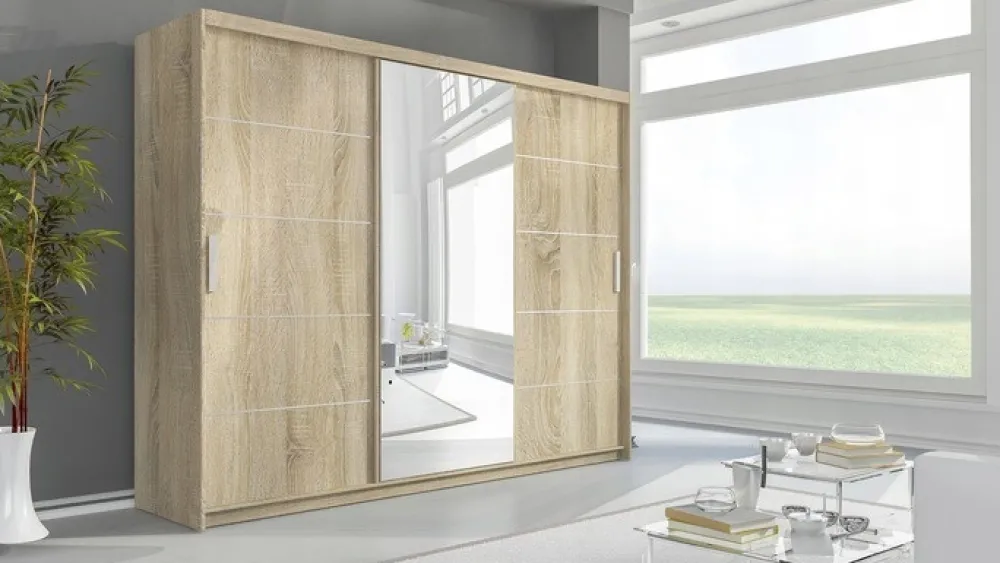 Zestawy Mebli Do Przedpokoju|Szafy Trzydrzwiowe>Meblohand Duża szafa przesuwna z lustrem i szufladami PORTO dąb sonoma
