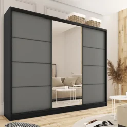 Zestawy Mebli Do Przedpokoju|Szafy Trzydrzwiowe></noscript>BROMARKT Duża szafa przesuwna z lustrem i szufladami 280 cm LOFT