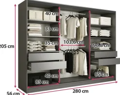 Zestawy Mebli Do Przedpokoju|Szafy Trzydrzwiowe></noscript>BROMARKT Duża szafa przesuwna z lustrem i szufladami 280 cm LOFT